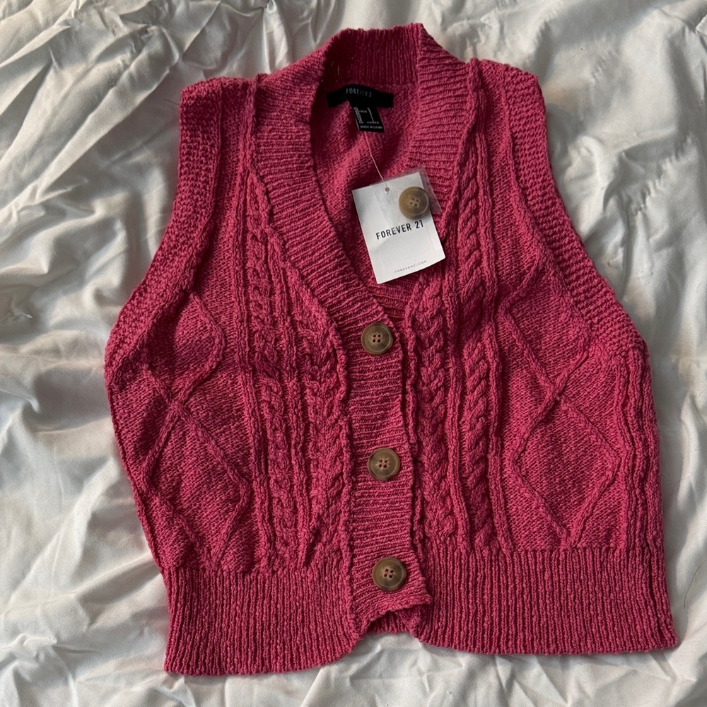 Forever 21 Fuchsia Cable Knit Cardigan Vest